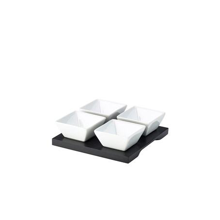 Genware Black Wooden Tray With 4 Dip Dishes