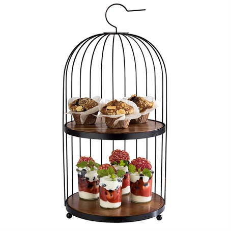 Black Metal 'Birdcage' Buffet Stand, 2 x Acacia Wood Panels