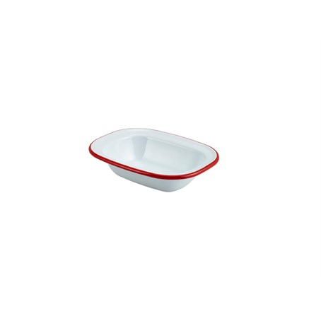 Enamel Rectangular. Pie Dish White with Red Rim 16cm