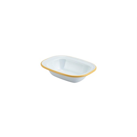 Enamel Rectangular. Pie Dish White with Yellow Rim 16cm