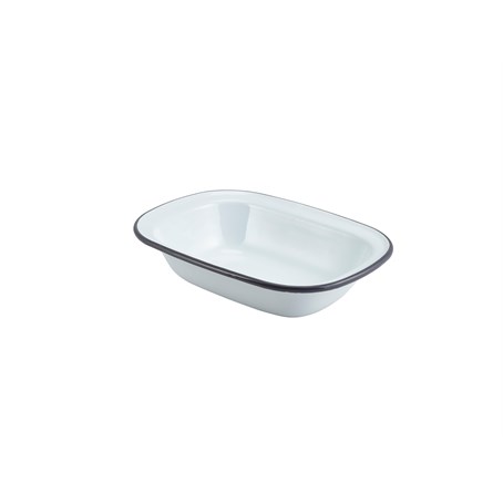 Enamel Rectangular. Pie Dish White with Grey Rim 20cm