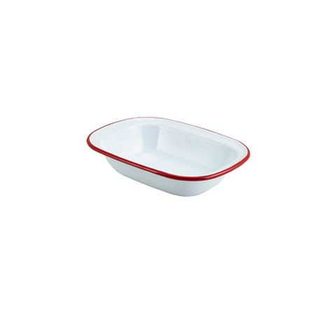 Enamel Rectangular. Pie Dish White with Red Rim 20cm