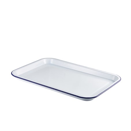 Enamel Serving Tray White with Blue Rim 33.5x23.5x2.2cm