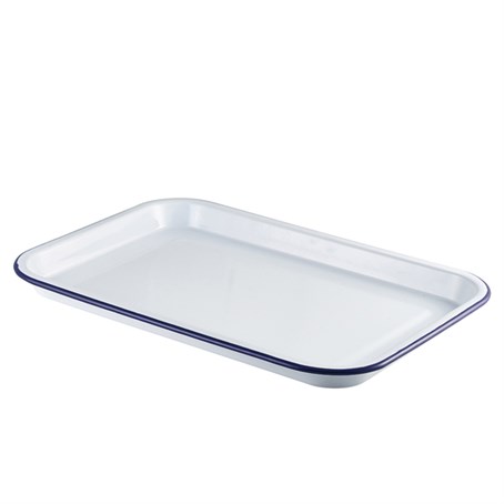 Enamel Serving Tray White with Blue Rim 38.2x26.4x2.2cm